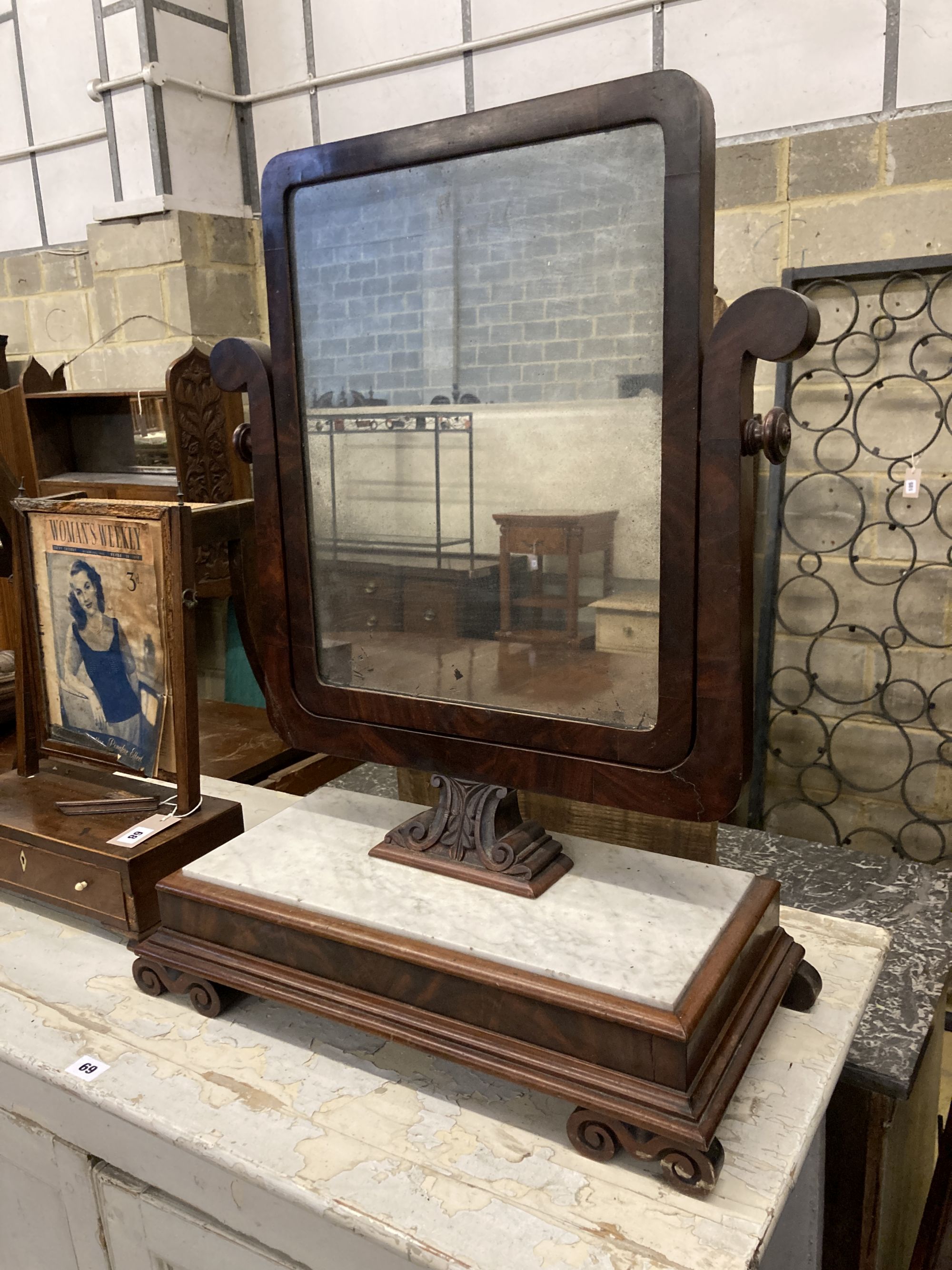 A 19th century Continental mahogany and white marble toilet mirror, width 54cm, depth 26cm, height 73cm, together with a smaller George